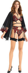 Damen Dessous-Set mit Robe und Strumpfhaltern Moongirl Leia Spitze Dunkelbunt