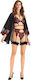 Damen Dessous-Set mit Robe und Strumpfhaltern Moongirl Leia Spitze Dunkelbunt