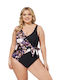 One-piece Black Swimsuit With Asymmetrical Floral Design