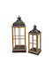 Wooden Lanterns Set of 2 Pieces 25.5x25.5x66cm & 19.5x19.5x49.5cm with Black Metal Roof Ankor 831722
