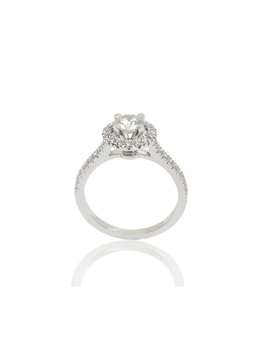 18K White Gold Single Ring with Central Diamond on Four Teeth and Small Diamonds Around the Central Stone and on the Skeleton (code T1916)