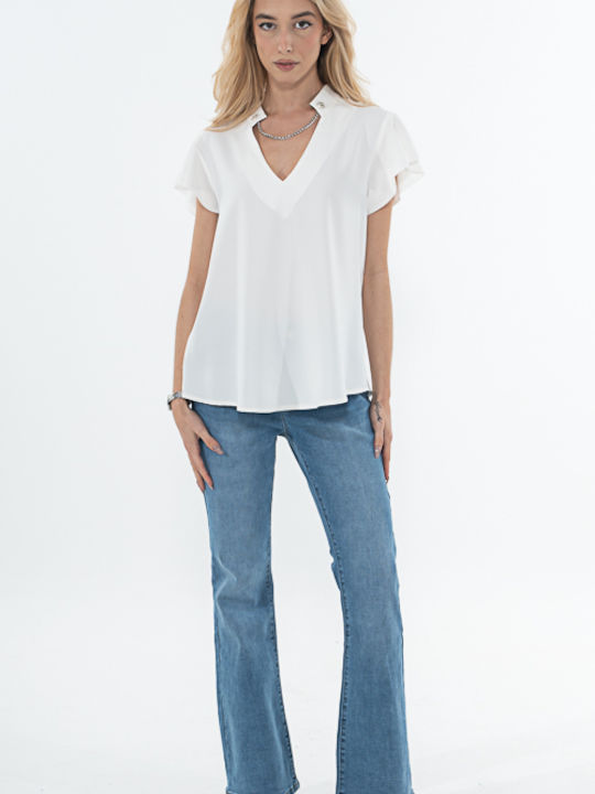 Donna Martha Damen Sommer Bluse Baumwolle Kurzärmelig mit V-Ausschnitt Weiß