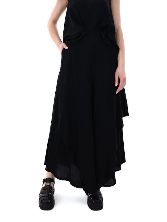 Moutaki Women's High Waist Linen Trousers in Wide Line Black