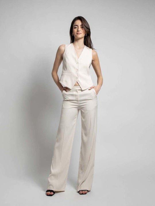 Fashioncore Femeiesc Talie înaltă Tesatura Pantaloni Drept Ecru