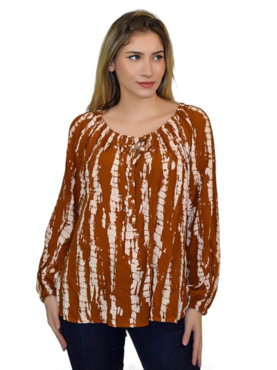 Morena Spain Women's Blouse Long Sleeve with Tie Neck Brown
