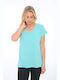 Bodymove Women's Summer Blouse Cotton Short Sleeve with V Neckline Turquoise