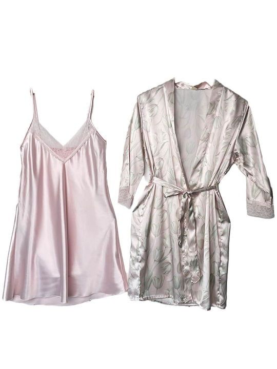 Satin-Pyjama-Nachthemd und geblümtes Pyjama-Set für Frauen Slim Fit, Pink