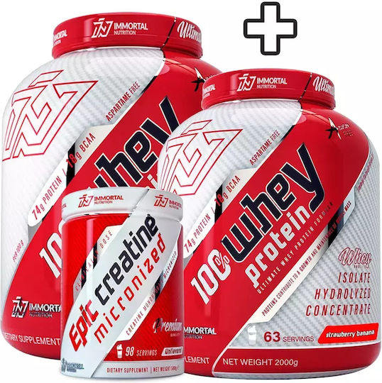 Immortal Nutrition 100% Whey Protein 100% Molkenprotein 2x2kg Erdbeere Banane & Epic Creatin Monohydrat Mikronisiert 500gr Ungeschmackt