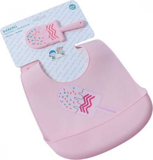 Gamberritos Kids Waterproof Bib Silicone with Button & Pocket Pink for 4 m+