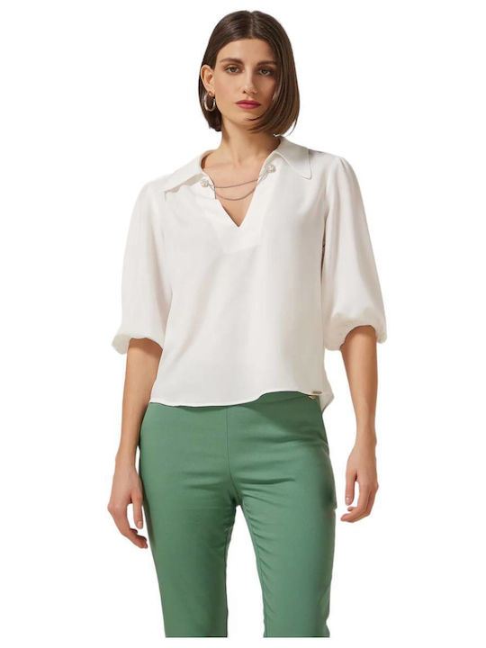 Enzzo Women's Blouse with 3/4 Sleeve & V Neck Ecru