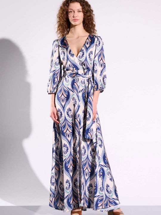 Matis Fashion Maxi Βραδινό Φόρεμα Σατέν Κρουαζέ Μπλε