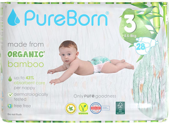 PureBorn Tape Diapers Organic Bamboo No 3 For 5.5-8kg 28 Pieces