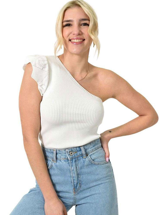 Potre Damen Sommerliche Bluse mit einem Schulter White