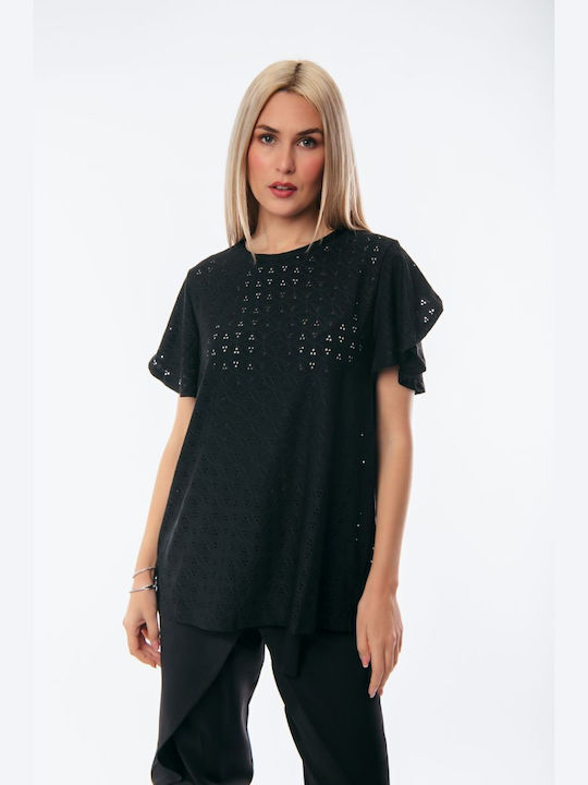 Dress Up Damen Sommer Bluse Kurzärmelig Black