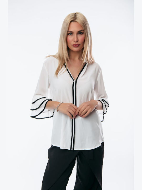 Dress Up Women's Summer Blouse with 3/4 Sleeve White