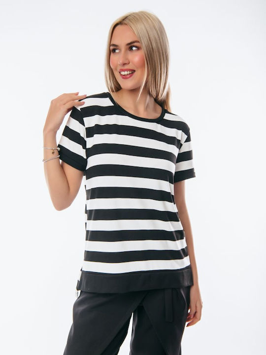 Boutique Women's Summer Blouse Short Sleeve Striped Black
