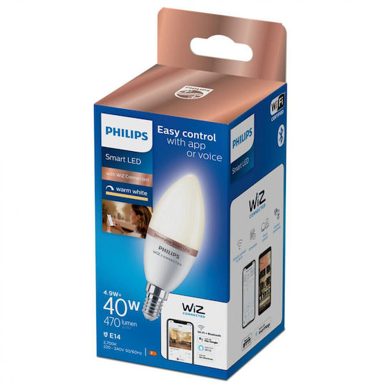 Philips Смарт крушка LED 4.9W за фасунга E14 и форма C37 топло бяло 470лм Димируем