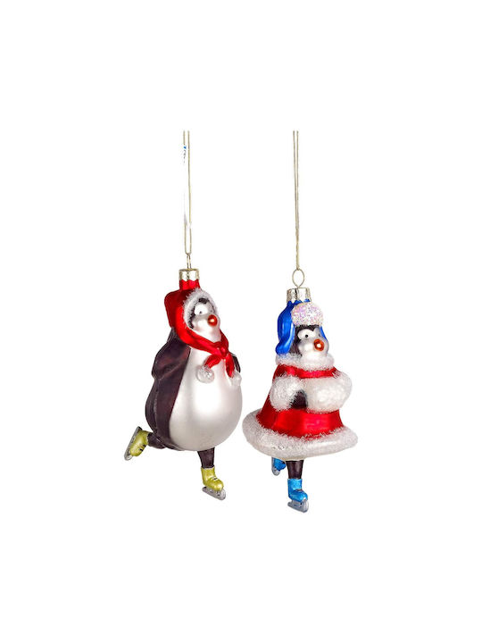 JK Home Decoration Κρεμαστός S/2 Christmas Hanging Penguin Glass With Gold Dust With Beads