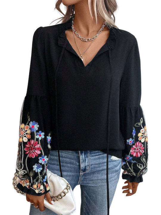 Amely Women's Summer Blouse Long Sleeve Floral Black