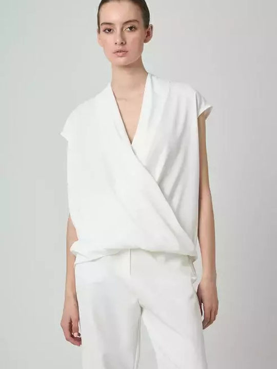 Desiree Women's Summer Blouse Short Sleeve with V Neckline White