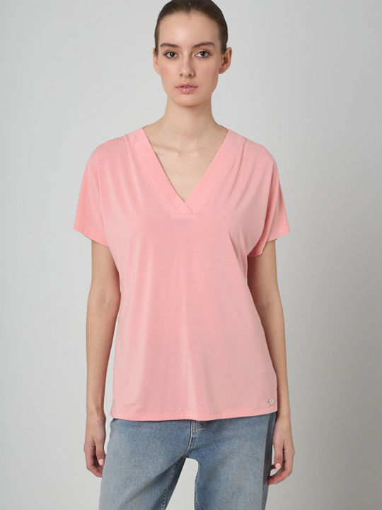 Desiree Γυναικεία Καλοκαιρινή Μπλούζα Κοντομάνικη με V Λαιμόκοψη Ροζ