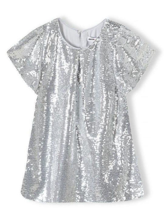 Minoti Girls Dress with Sequins Short Sleeve Silver