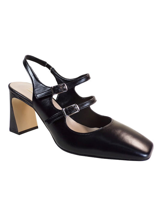 Fardoulis Leather Black Heels with Strap