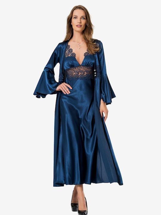 Moongilr Summer Women's Satin Robe with Nightdress Blue