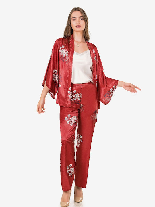 Moongilr Sommer Damen Satin Robe mit Pyjama Rot
