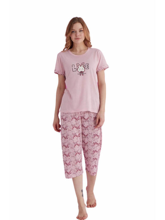 Lindros Sommer Damen Pyjama-Set Baumwolle Rosa