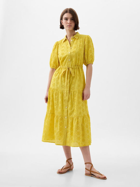 GAP Eyelet Midi Shirt Dress Dress Brilliant Yellow