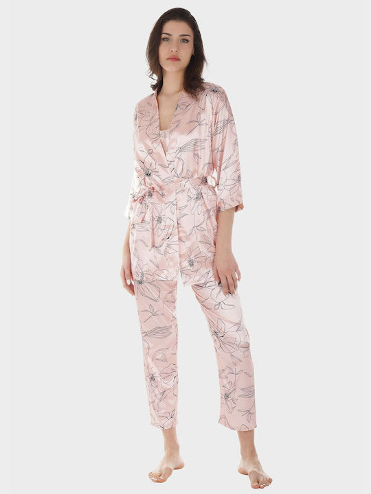 Women's Set Satin Pajama Jacket Top & Pants All Print. Packaging 3pack Pink