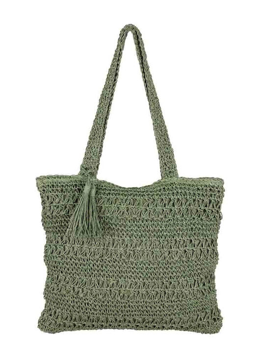 Aquablue Straw Beach Bag with Ethnic design Green