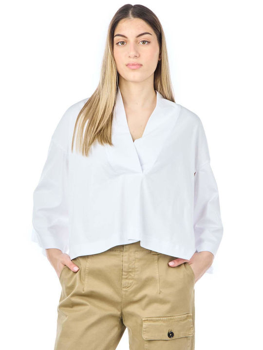 Women's Summer Blouse Short Sleeve with V Neckline White