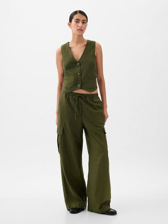 Women's Linen Cargo Trousers with Elastic Green