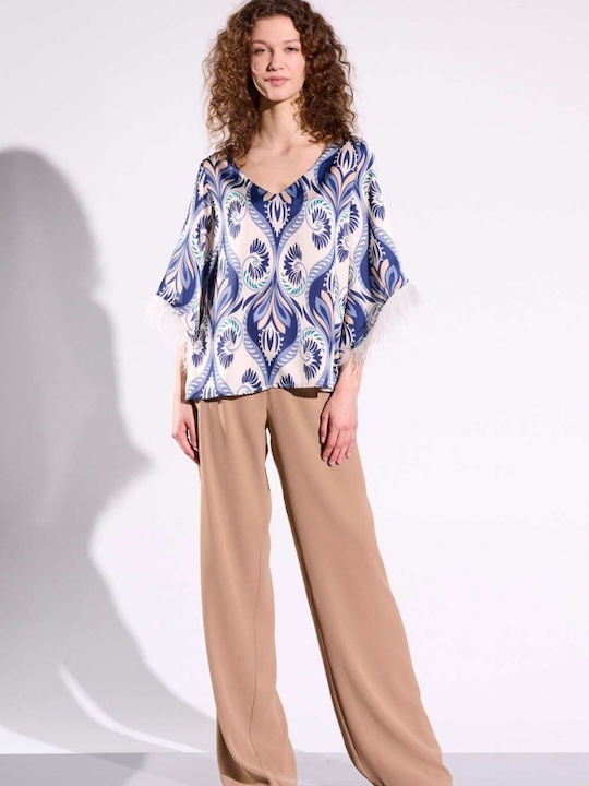 Matis Fashion Women's Crop Top Satin Short Sleeve with V Neck Blue