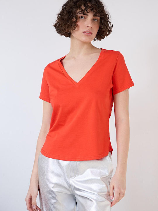 Bill Cost Women's Summer Blouse Cotton Short Sleeve with V Neck Orange