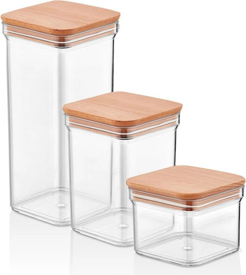 TnS Set 3 Pieces Coffee Jars with Wooden Lid Brown 1500ml 3 Pieces