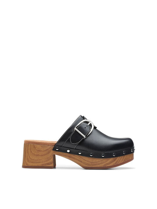 Clarks Chunky Heel Leather Mules Black