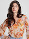 Guess Women's Blouse with V Neckline Floral Orange