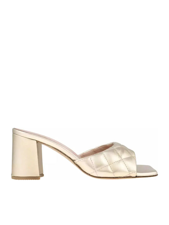 Leather Mules with Chunky Low Heel in Gold Color