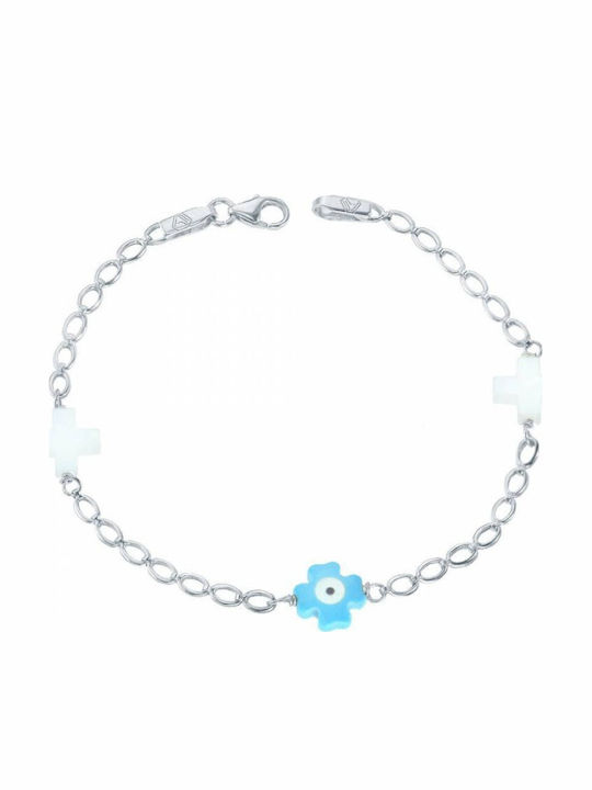 Atofio Kosmima Kinderarmband aus Weißgold 9K mit Σταυρό & Böses Auge