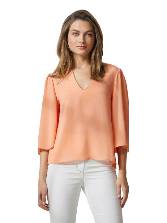 Enzzo Damen Sommerliche Bluse Langärmelig mit V-Ausschnitt Peach