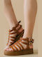 Leather Women's Flat Sandals Gladiator Flatforms in Tabac Brown Color