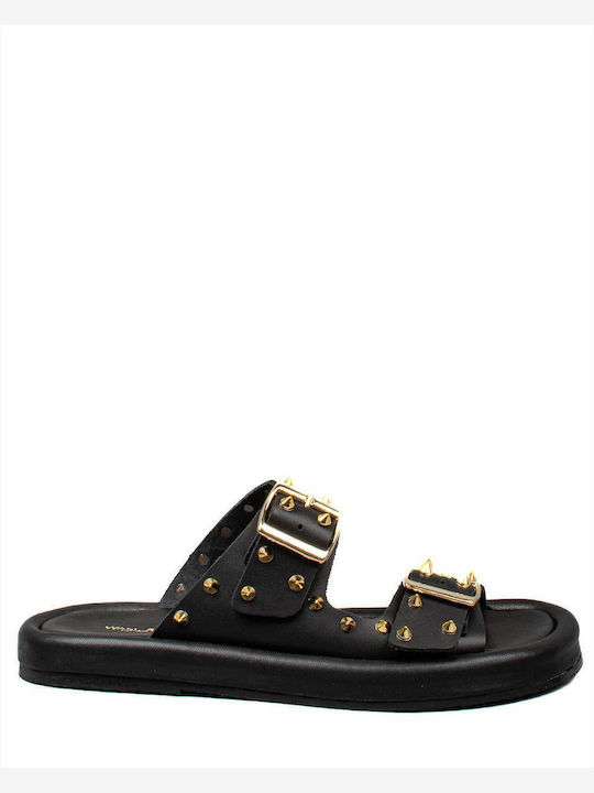 Leather Women's Flat Sandals Flatforms in Black Color