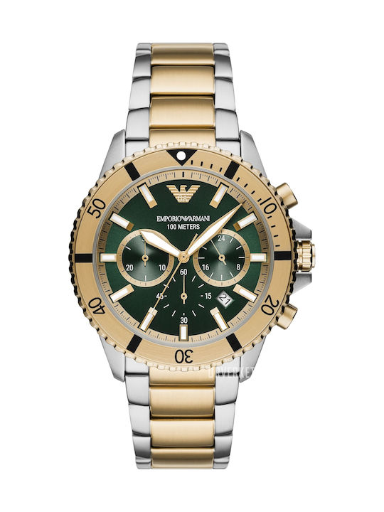 Emporio Armani Diver Ανδρικό Ρολόι 43mm Χρονογράφος Μπαταρίας με Χρυσό Μεταλλικό Μπρασελέ