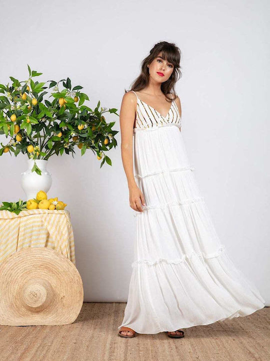 Sundress Summer Maxi Dress with Ruffle White / Gold.