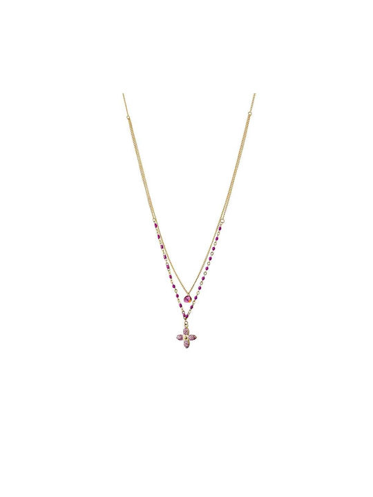 Loisir Κολιέ Princess Μεταλλικό Επίχρυσο Διπλή Αλυσίδα Με Ροζάριο & Σταυρό Glitter