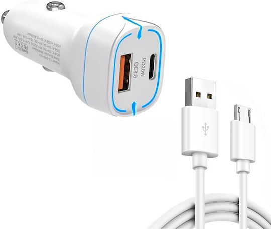 38w Pd20w + Qc3.0 Usb Car Charger cu cablu de date de la Usb la Micro Usb, lungime: 1m (alb)