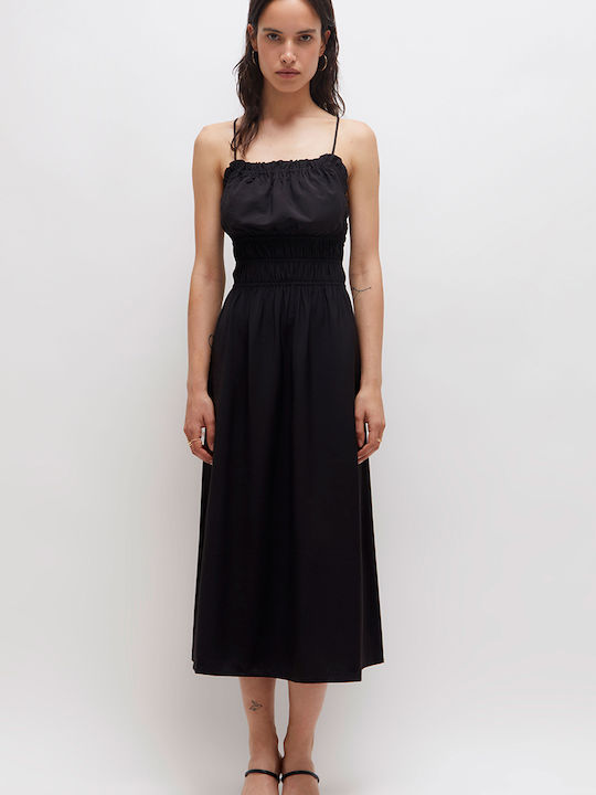 Wild Pony Midi Evening Dress Satin Draped with Ruffle Black